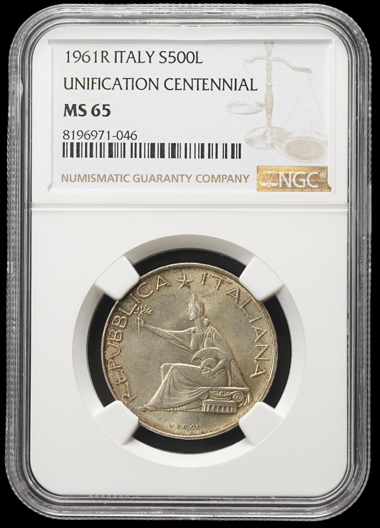 修遠堂世界钱币第四十二期 全场包邮 亚军分 NGC MS62 1961年意大利统一百年纪念500里拉银币