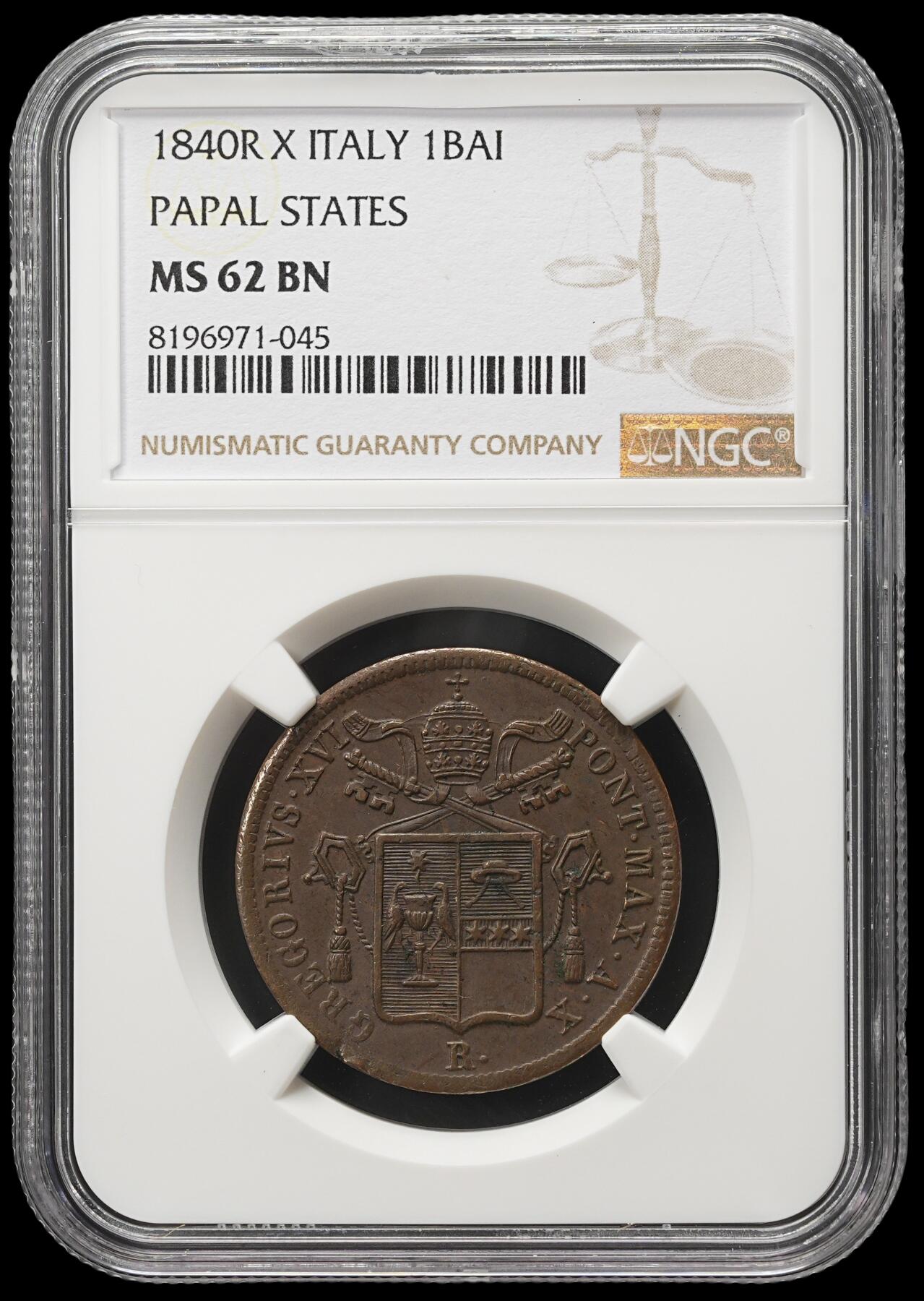 修遠堂世界钱币第四十二期 全场包邮 NGC MS62BN 1840年教皇国1 BAI铜币