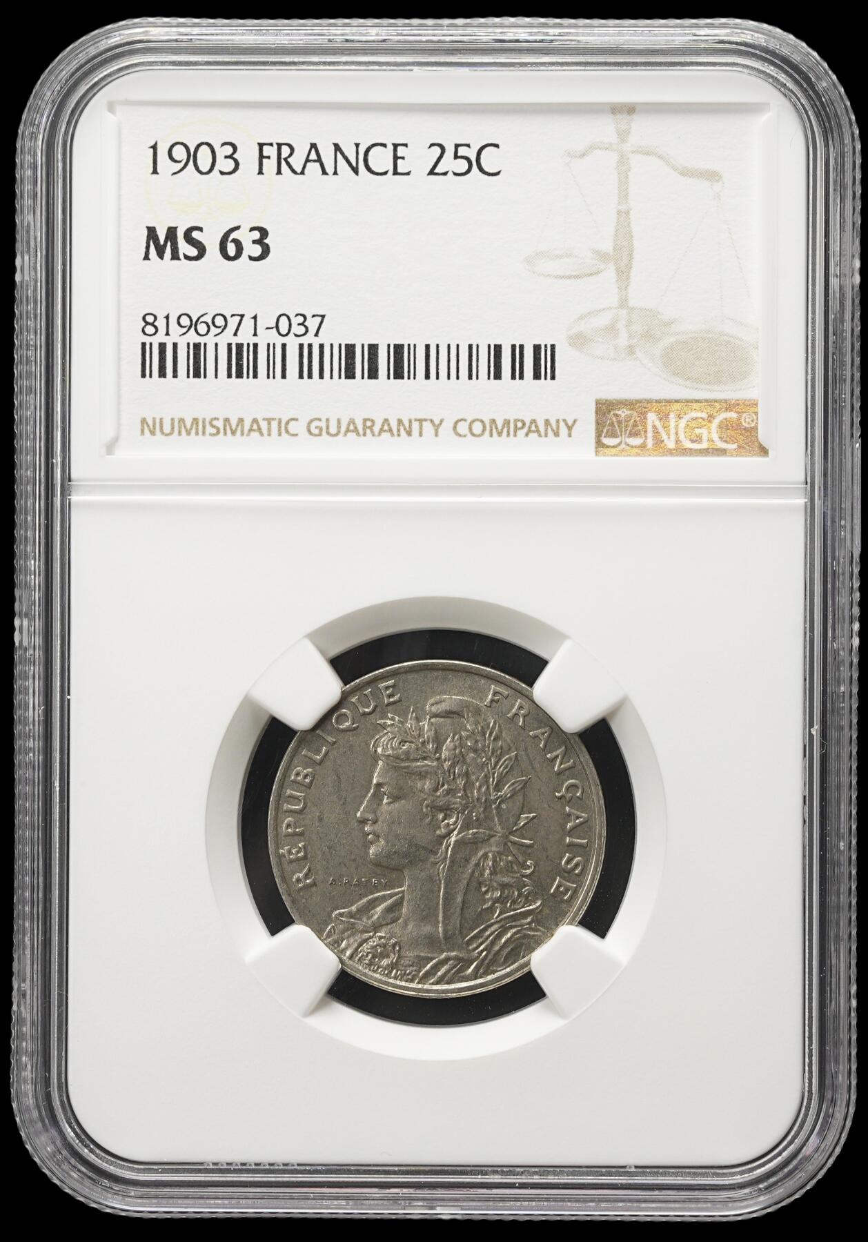 修遠堂世界钱币第四十二期 全场包邮 NGC MS63 1903年法国25分