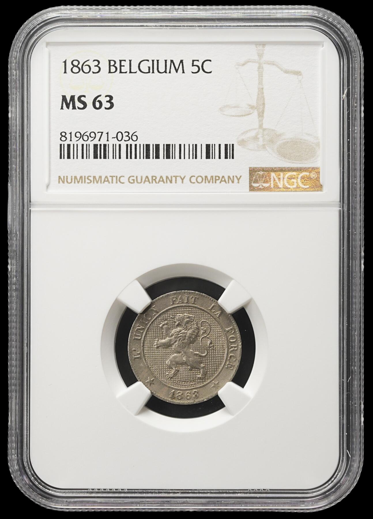修遠堂世界钱币第四十二期 全场包邮 NGC MS63 1863年比利时5分