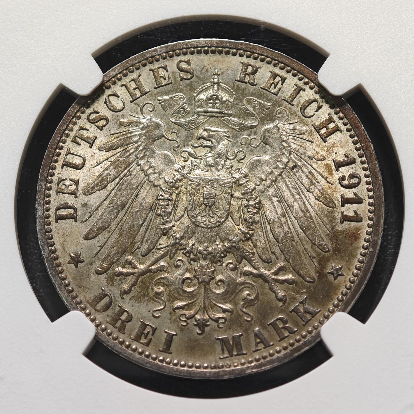 1911年 德国符腾堡银婚3马克银币 High bar版本 老彩包浆 NGC MS63