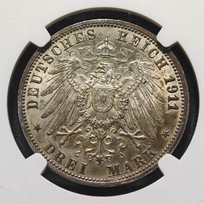 1911年 德国符腾堡银婚3马克银币 High bar版本 老彩包浆 NGC MS63