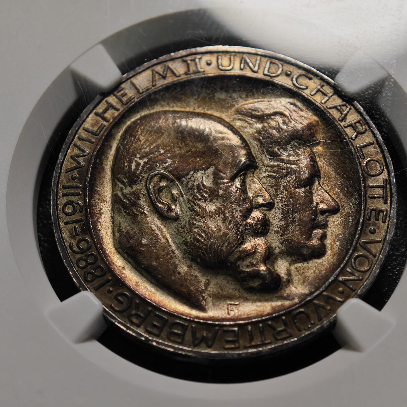 1911年 德国符腾堡银婚3马克银币 High bar版本 老彩包浆 NGC MS63
