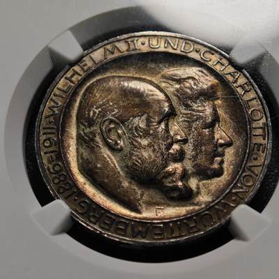 1911年 德国符腾堡银婚3马克银币 High bar版本 老彩包浆 NGC MS63