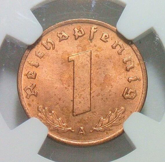 特年 NGC MS64RB 德国第三帝国1936年1芬尼 难得开卷原光