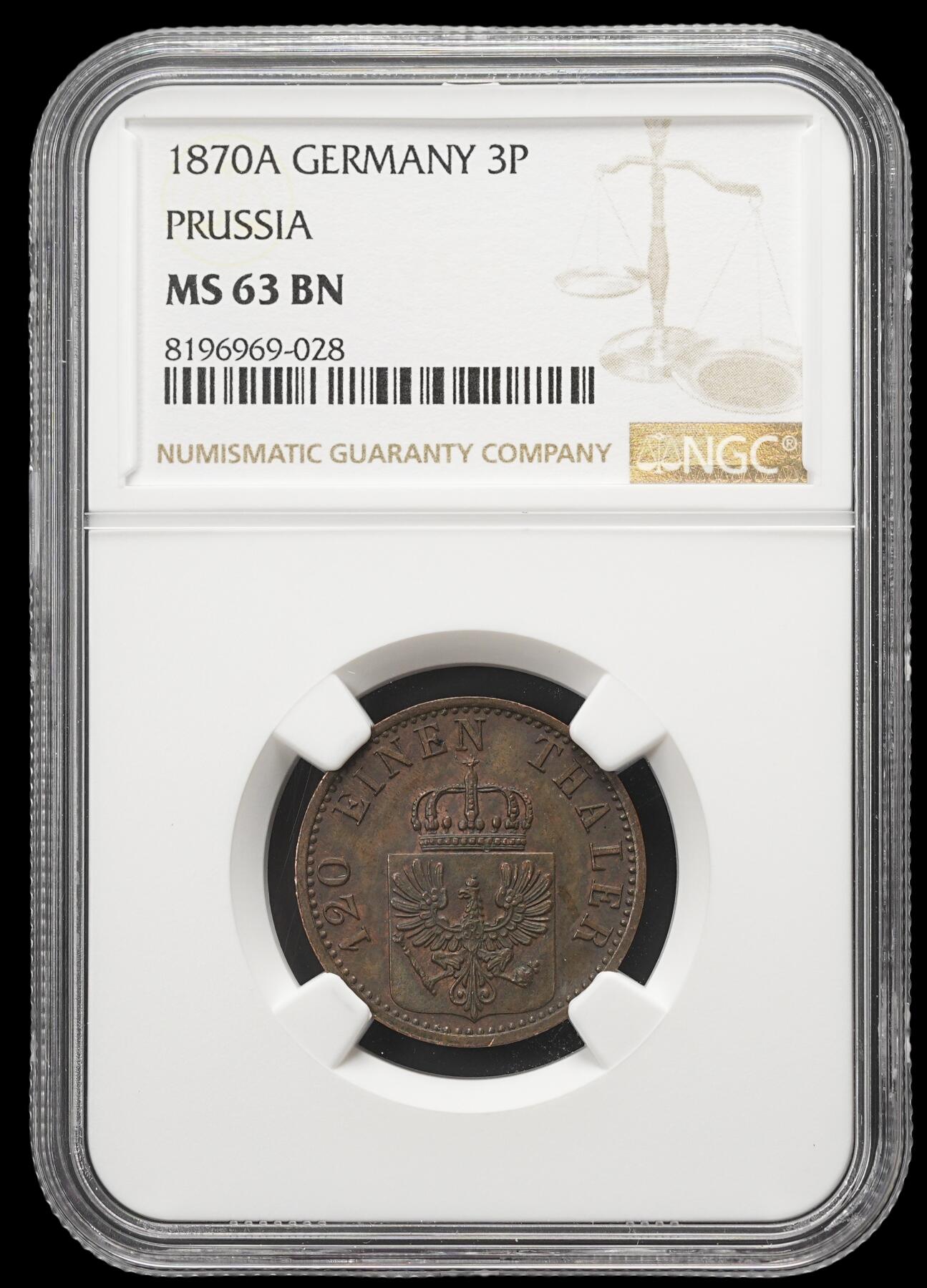 修遠堂世界钱币第四十二期 全场包邮 NGC MS63BN 1870年普鲁士3芬尼铜币