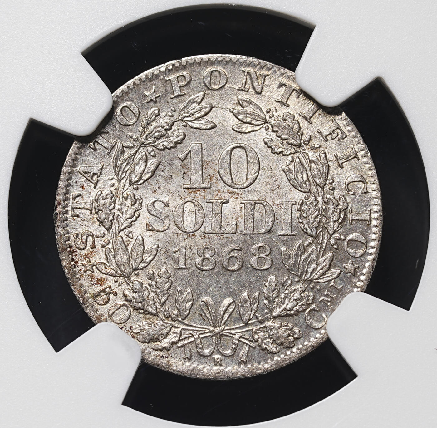 修遠堂世界钱币第四十二期 全场包邮 NGC MS62 1868年教皇国10 SOLDI小银币