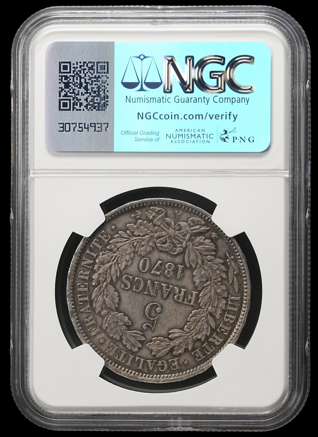 修遠堂世界钱币第四十二期 全场包邮 五彩 NGC AU58 1870年法国谷物女神5法郎大银币 A厂铭