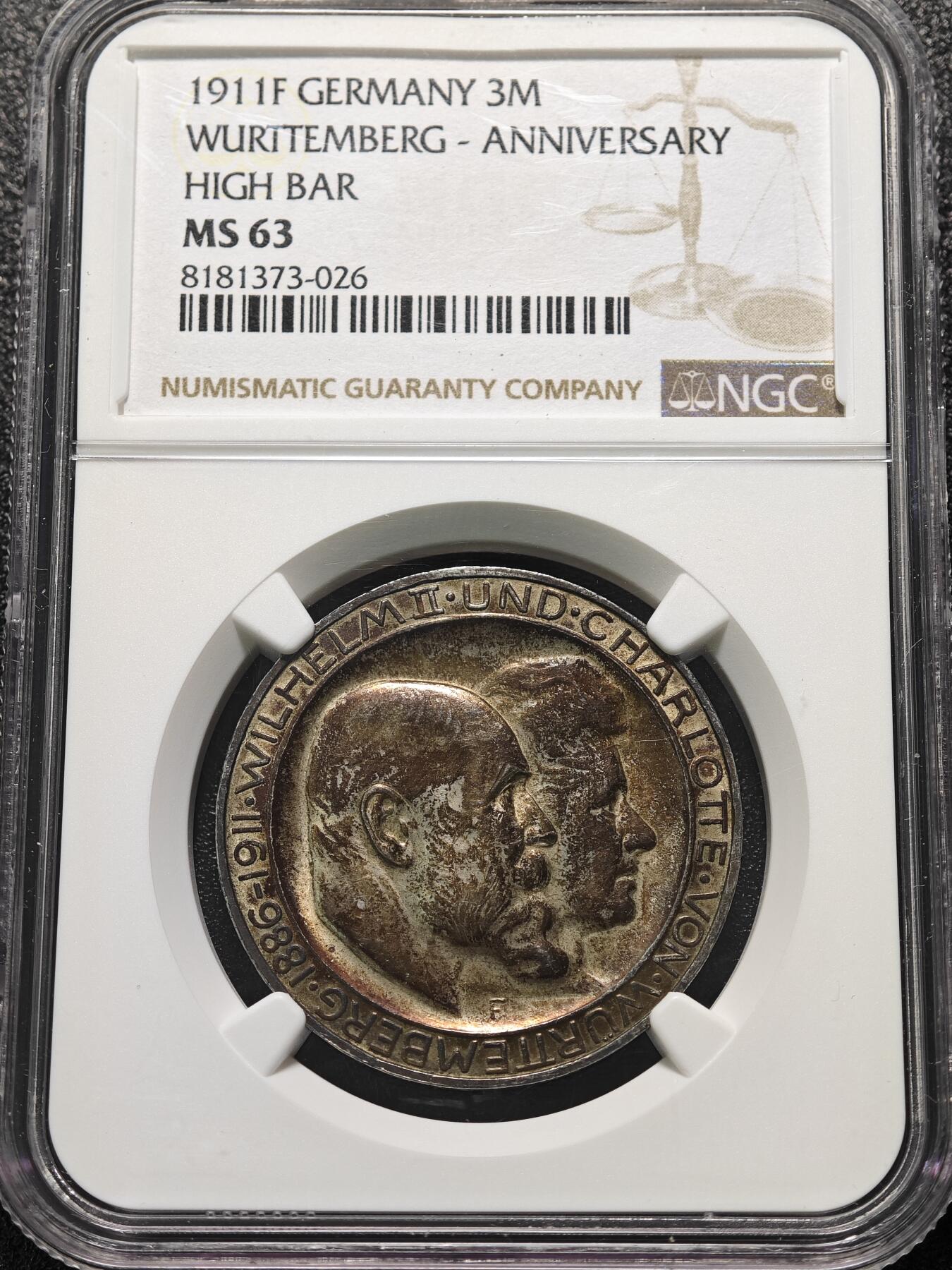 1911年 德国符腾堡银婚3马克银币 High bar版本 老彩包浆 NGC MS63