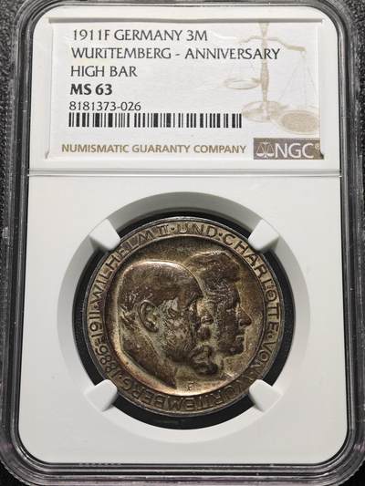 1911年 德国符腾堡银婚3马克银币 High bar版本 老彩包浆 NGC MS63