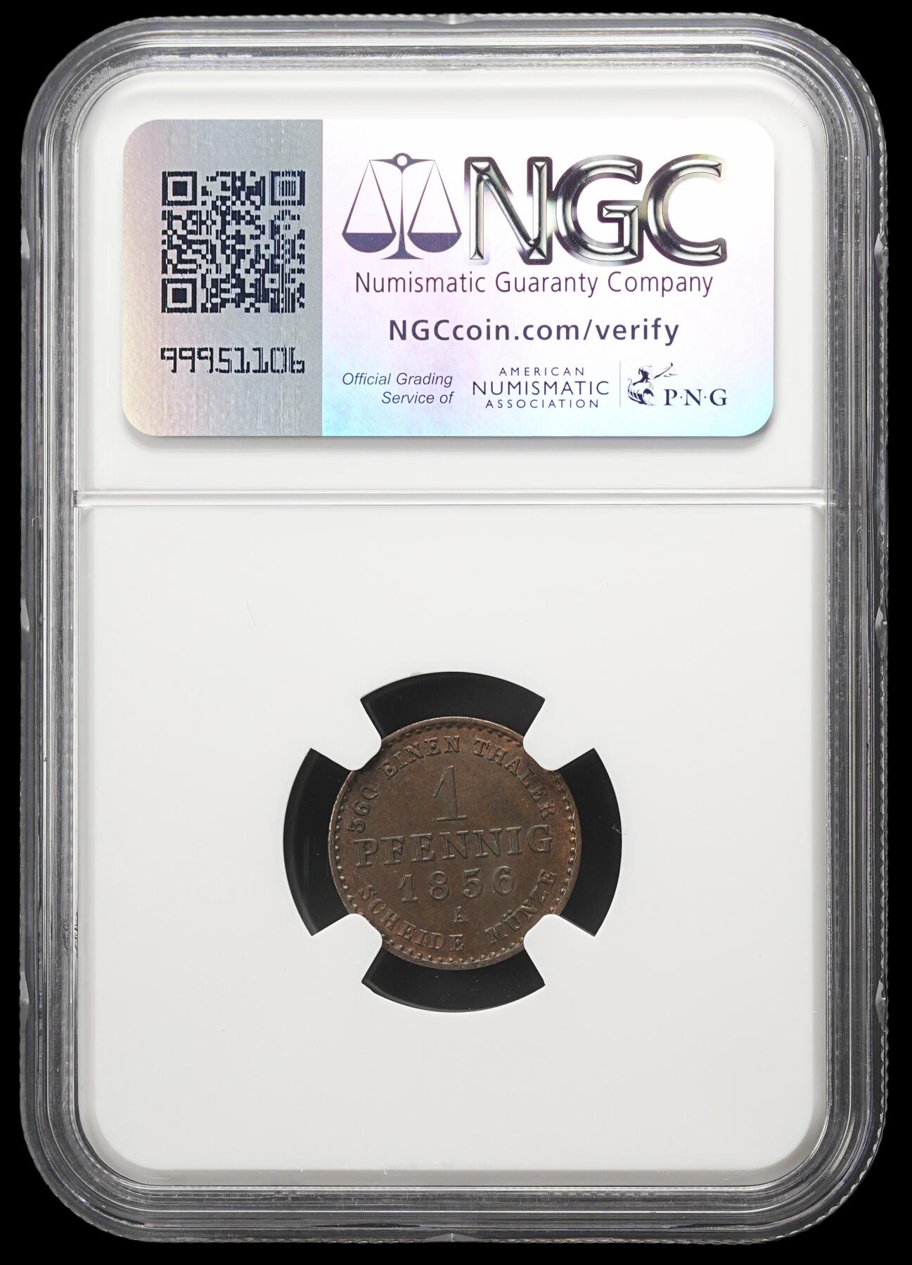 修遠堂世界钱币第四十二期 全场包邮 NGC MS63BN 1856年安哈尔特-贝恩堡1芬尼铜币 唯一冠军分