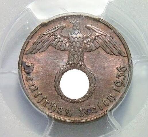 稀年 PCGS MS64 德国第三帝国1936年G版1芬尼 难得开卷原光