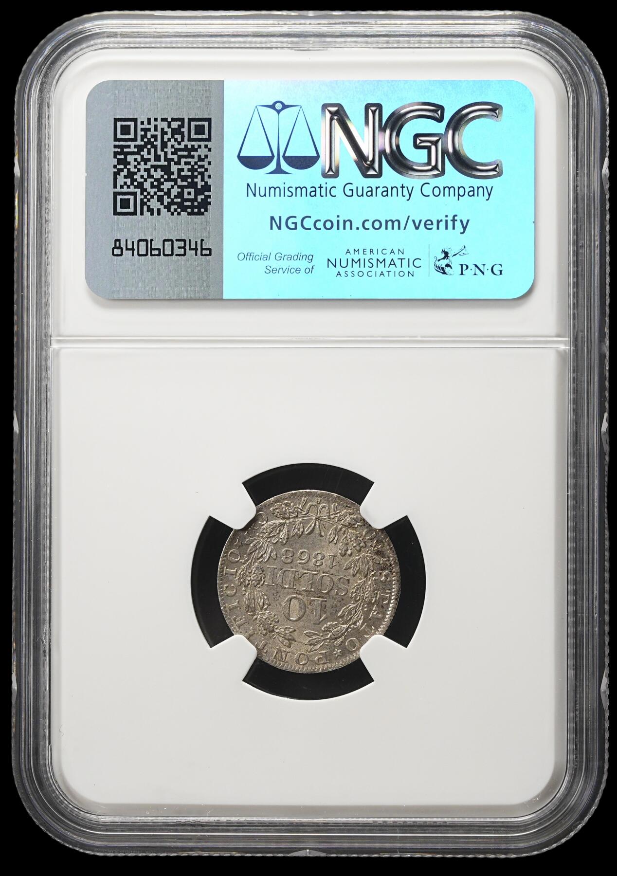 修遠堂世界钱币第四十二期 全场包邮 NGC MS62 1868年教皇国10 SOLDI小银币