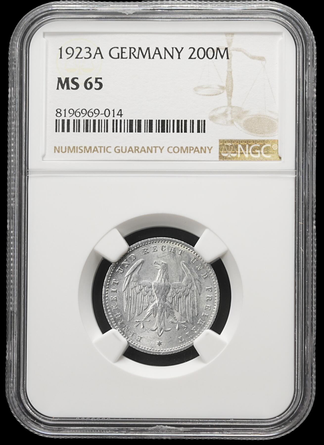 修遠堂世界钱币第四十二期 全场包邮 NGC MS65 1923年魏玛政府200马克