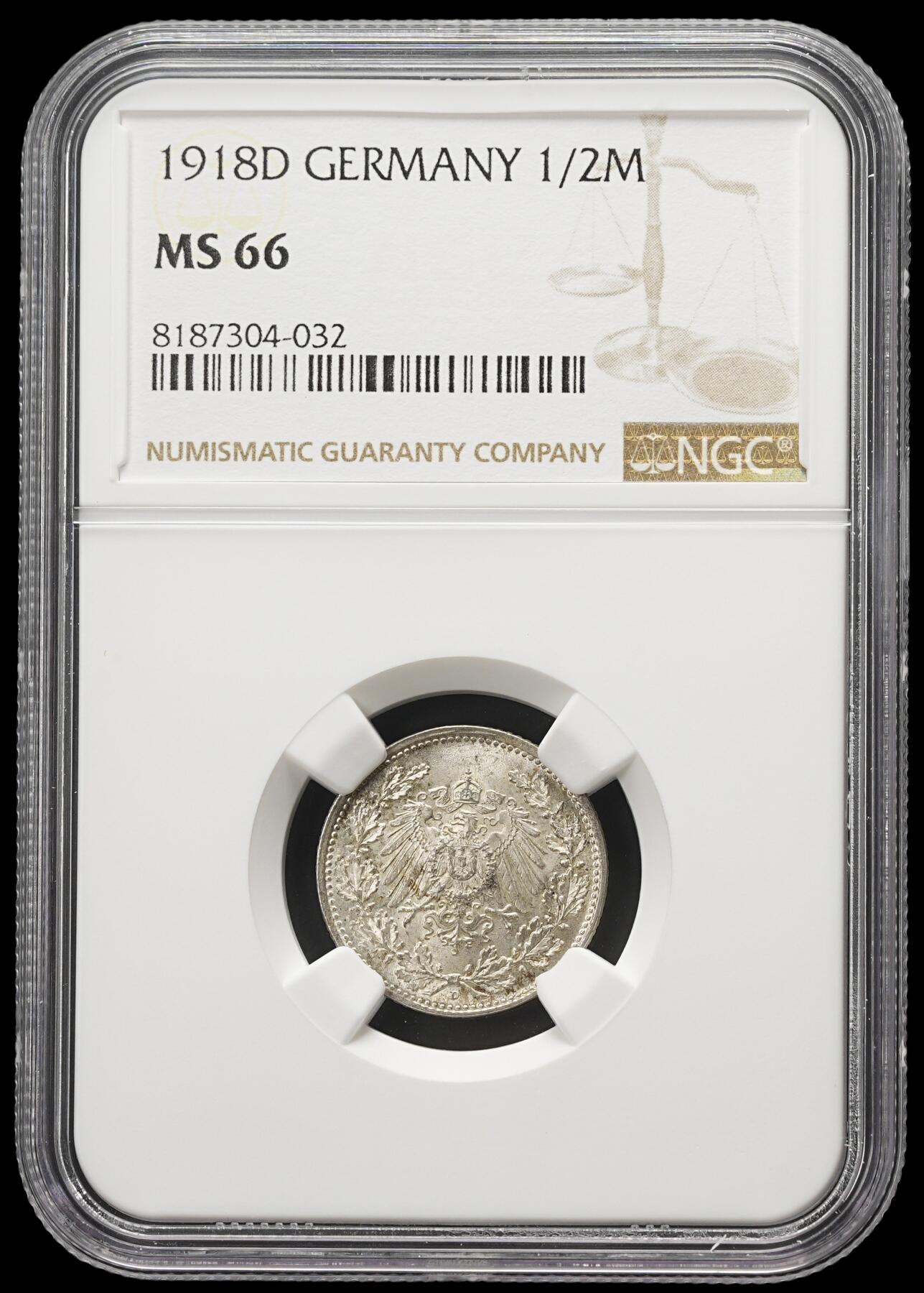 修遠堂世界钱币第四十二期 全场包邮 NGC MS66 1918年德国1/2马克银币