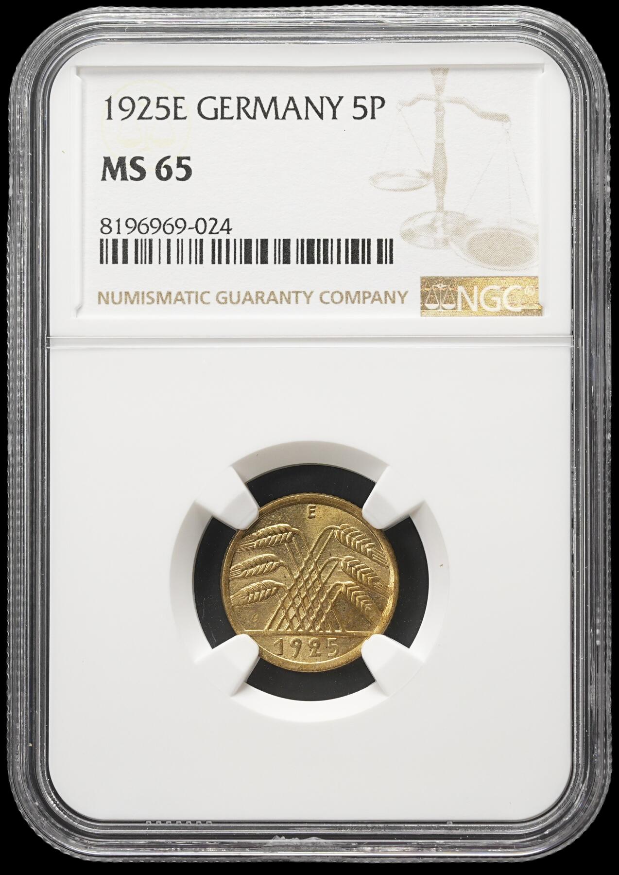 修遠堂世界钱币第四十二期 全场包邮 NGC MS65 1925年魏玛政府5芬尼 E厂铭