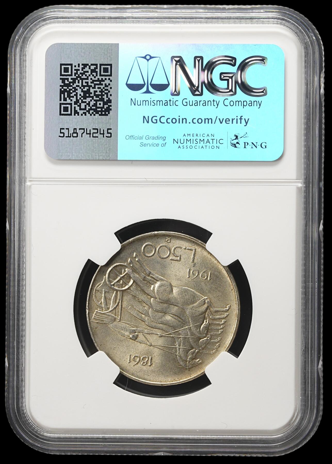 修遠堂世界钱币第四十二期 全场包邮 亚军分 NGC MS62 1961年意大利统一百年纪念500里拉银币