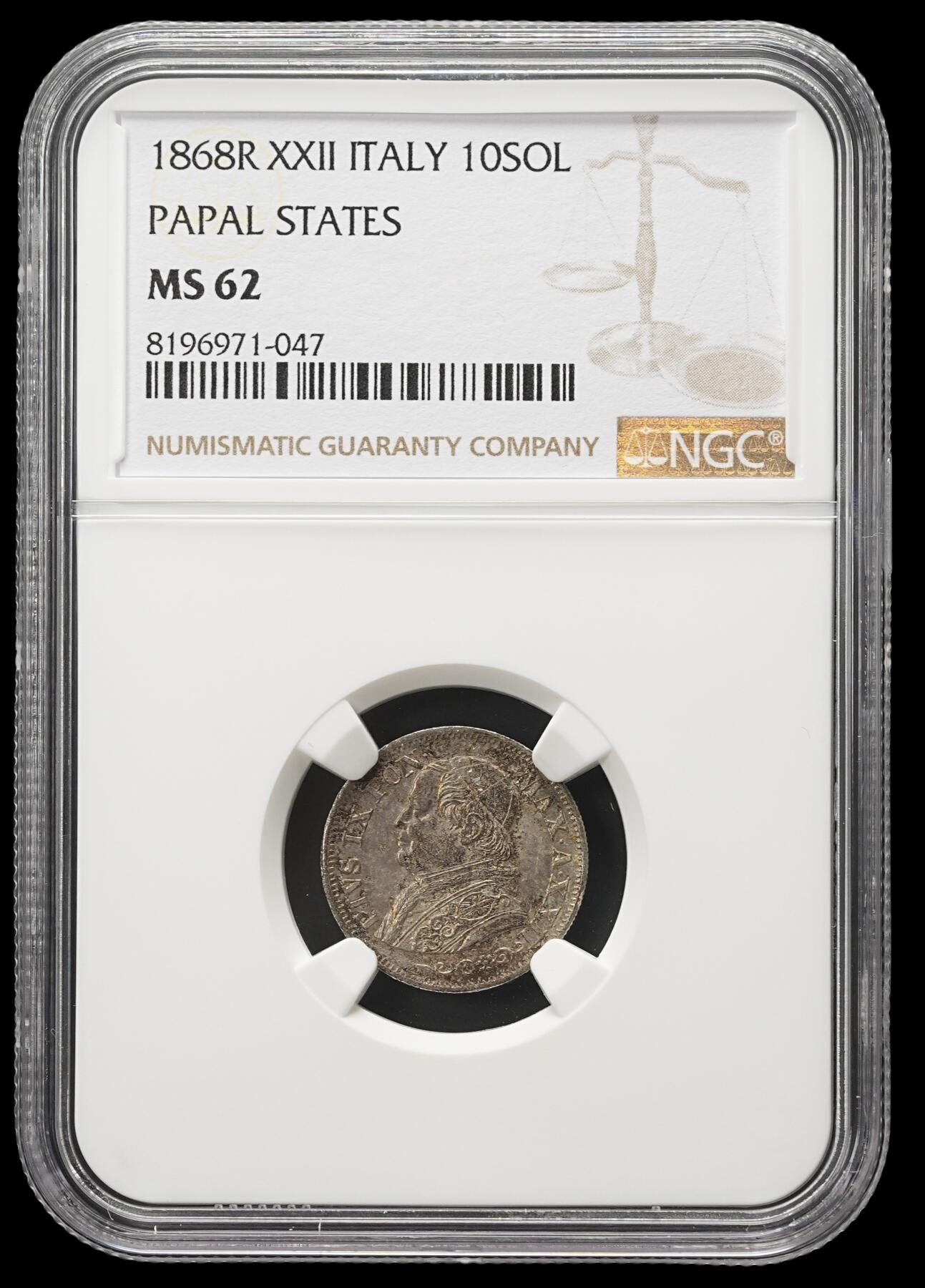 修遠堂世界钱币第四十二期 全场包邮 NGC MS62 1868年教皇国10 SOLDI小银币