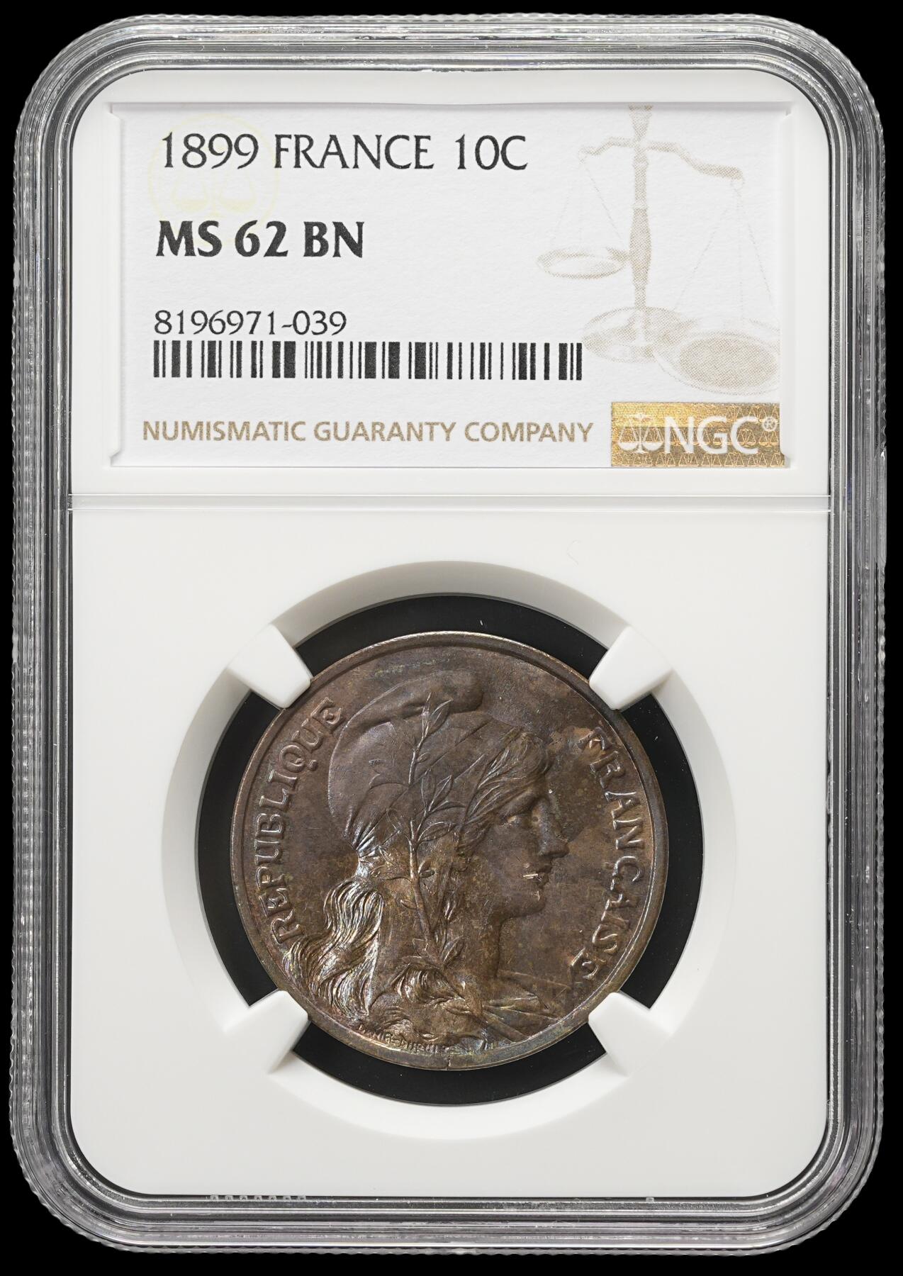 修遠堂世界钱币第四十二期 全场包邮 NGC MS62BN 1899年法国10分铜币