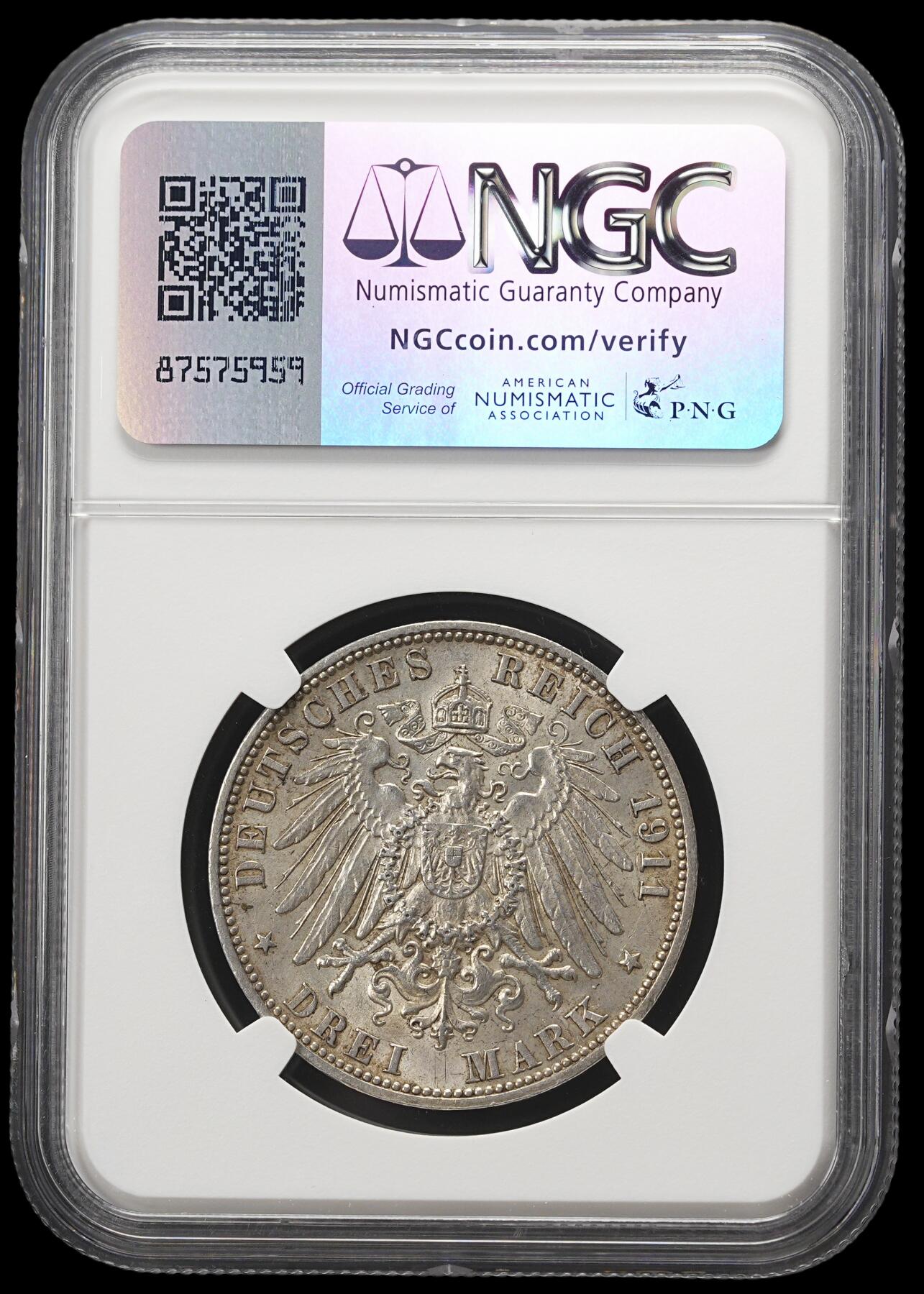 修遠堂世界钱币第四十二期 全场包邮 NGC MS64 1911年汉堡3马克银币
