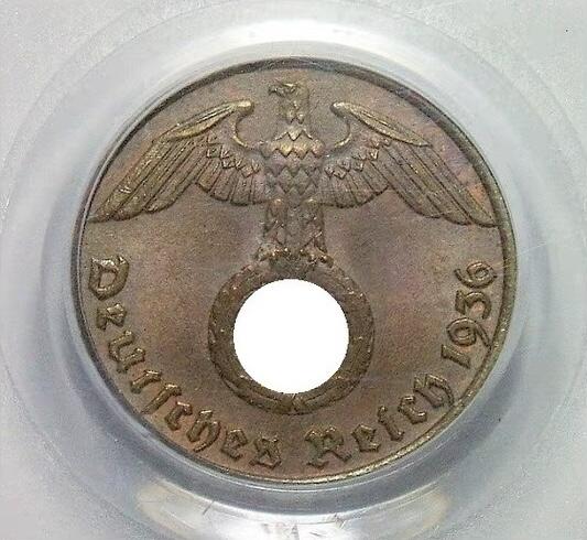 稀年 PCGS MS65 德国第三帝国1936年J版1芬尼 难得开卷原光