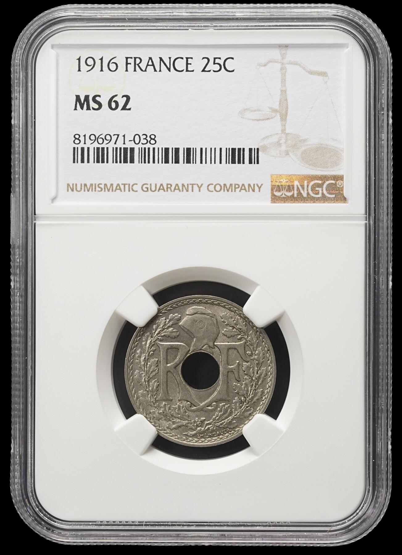 修遠堂世界钱币第四十二期 全场包邮 稀少年份特年 NGC MS62 1916年法国中孔25分 仅铸造10万枚