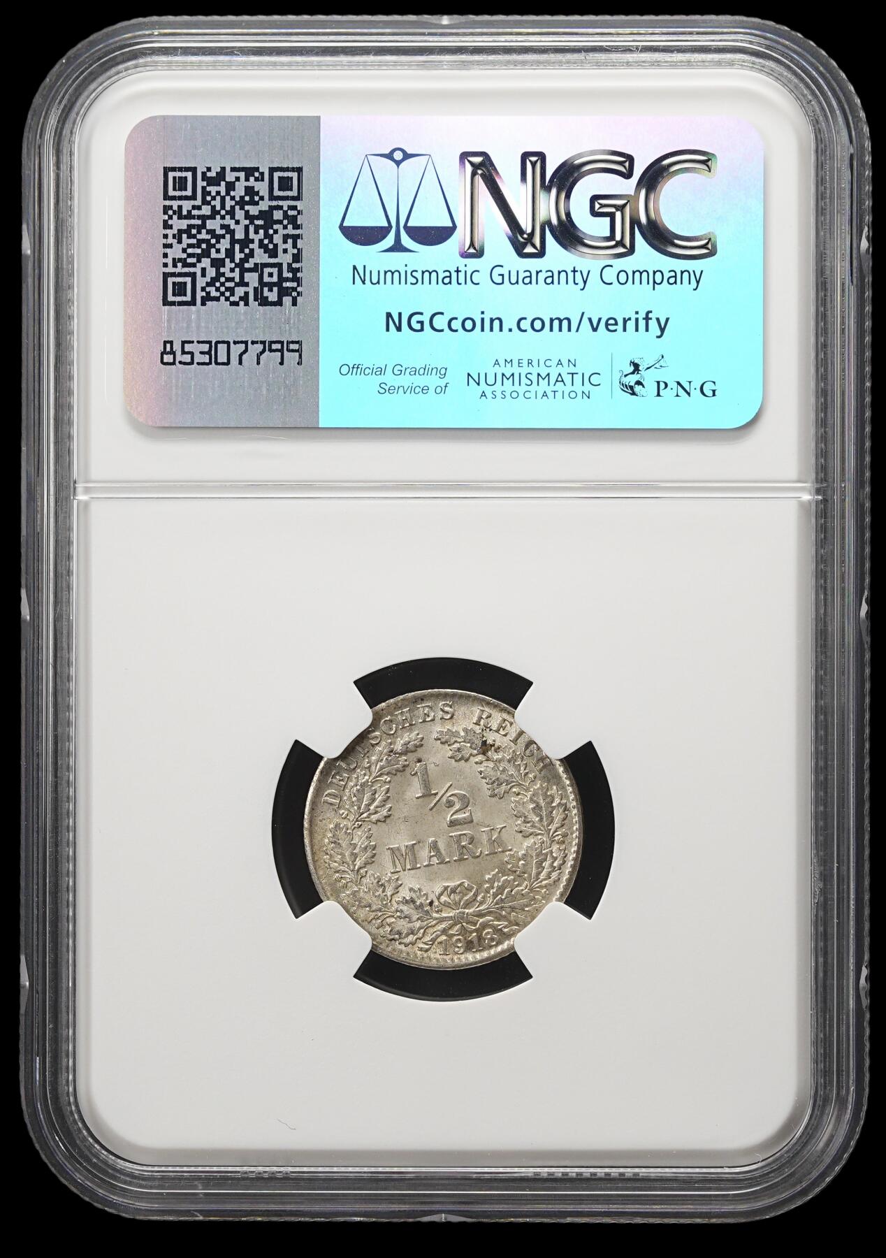 修遠堂世界钱币第四十二期 全场包邮 NGC MS66 1918年德国1/2马克银币