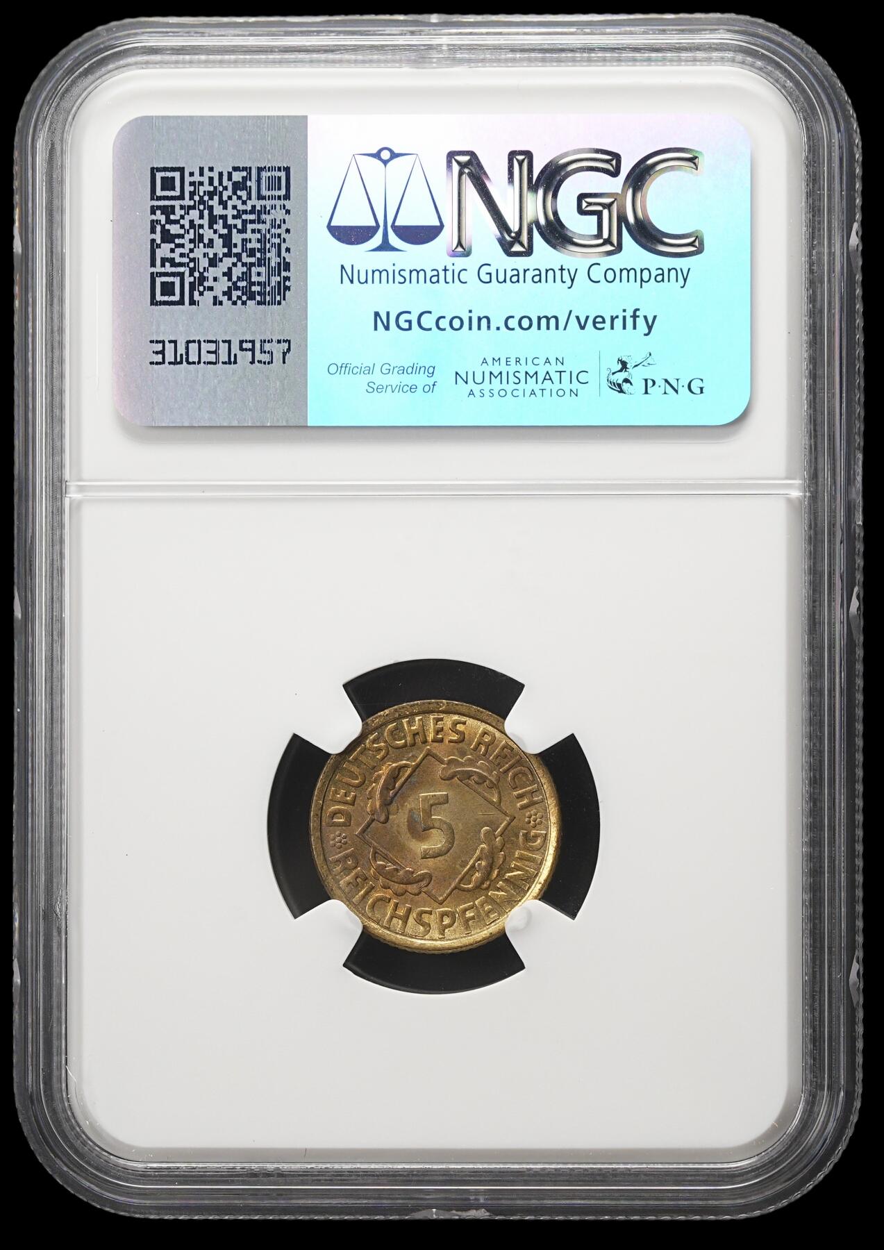 修遠堂世界钱币第四十二期 全场包邮 NGC MS65 1925年魏玛政府5芬尼 E厂铭