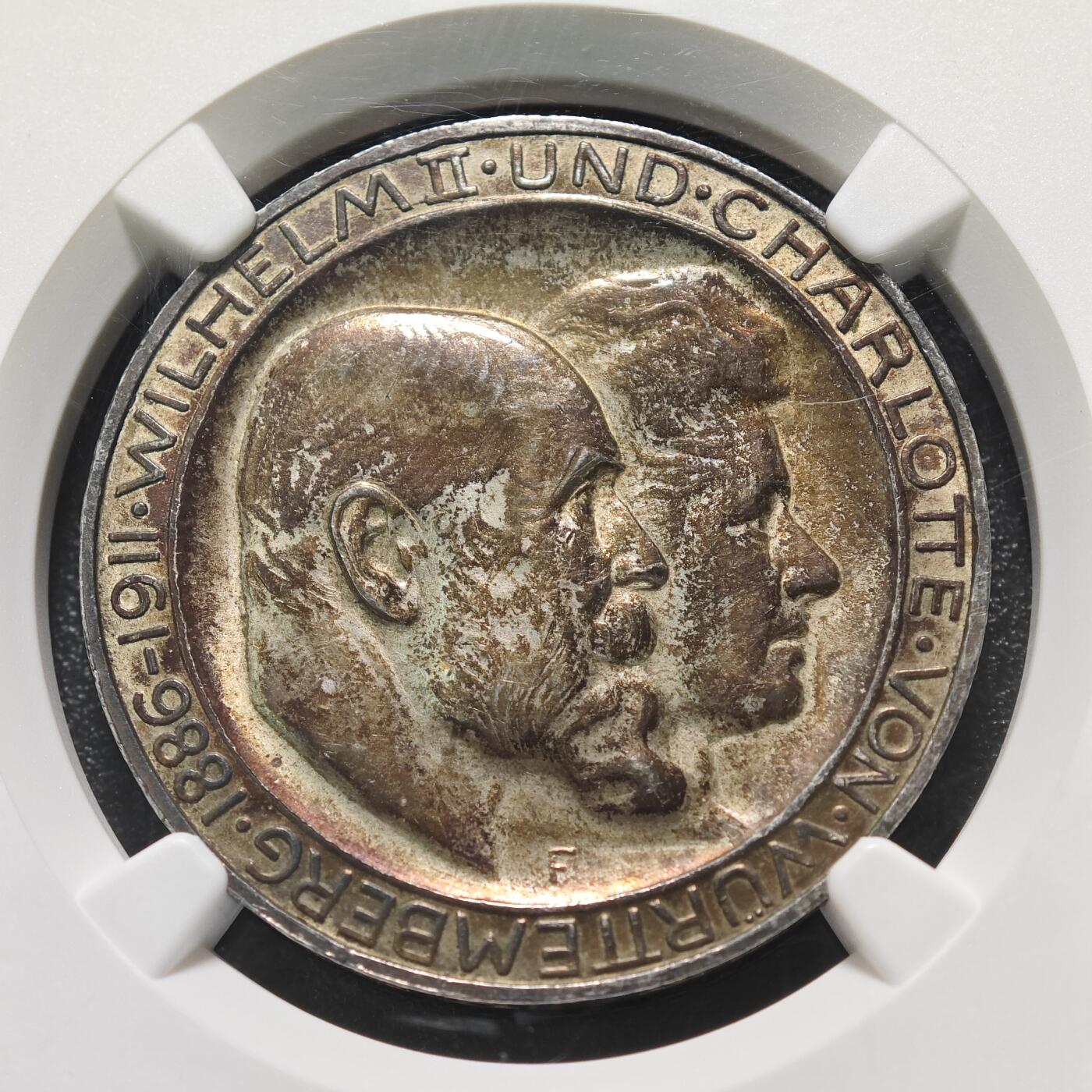 1911年 德国符腾堡银婚3马克银币 High bar版本 老彩包浆 NGC MS63