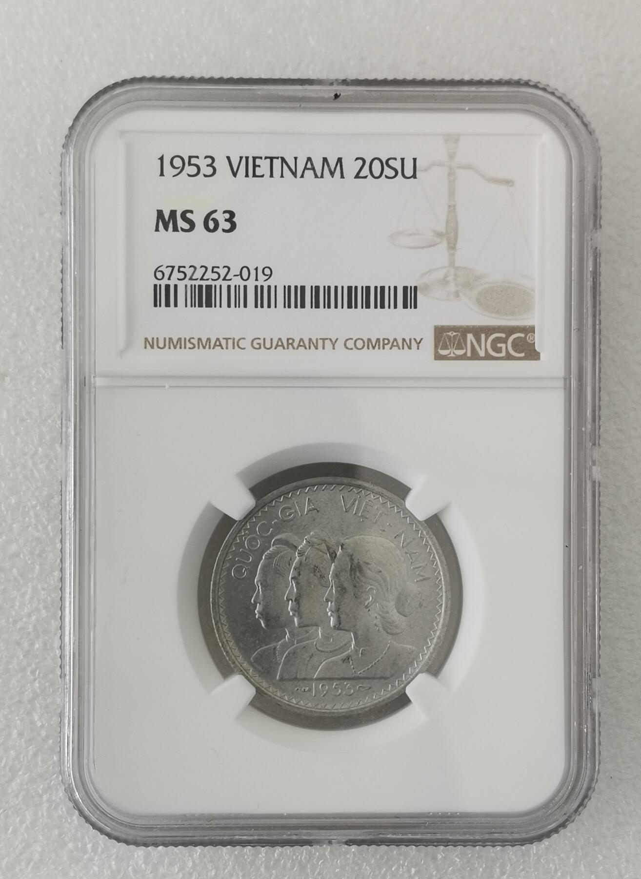 瓶子🏺第161期拍卖会  越南1953年吴庭艳政府20SU纪念币  NGC MS63