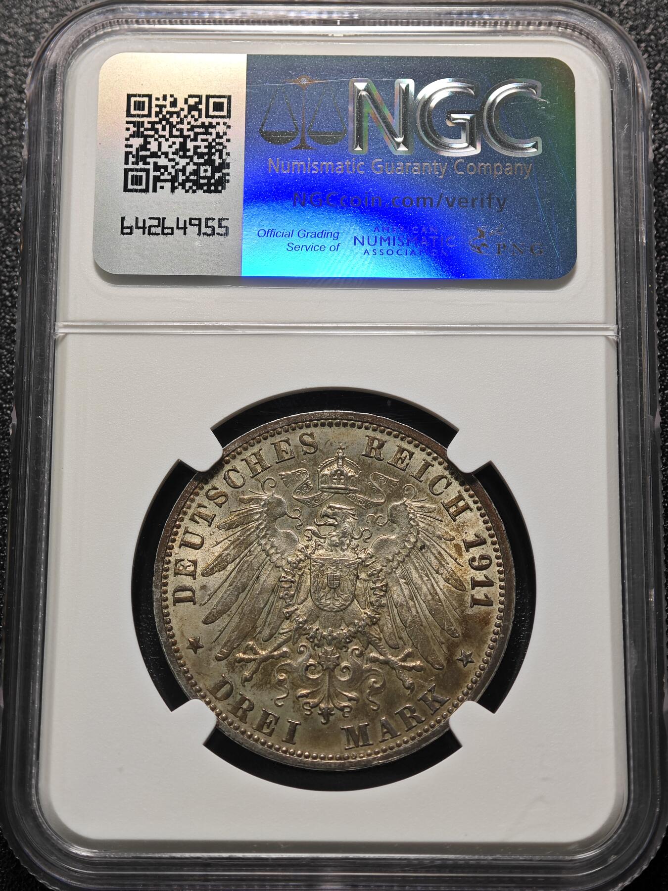 1911年 德国符腾堡银婚3马克银币 High bar版本 老彩包浆 NGC MS63