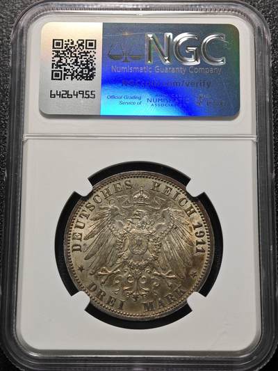 1911年 德国符腾堡银婚3马克银币 High bar版本 老彩包浆 NGC MS63