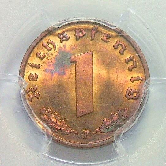 金盾PCGS MS64RB 德国第三帝国1937年F版1芬尼 难得开卷原光