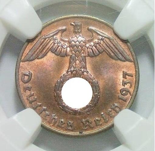 NGC MS66RB 德国第三帝国1937年1芬尼 难得开卷原光