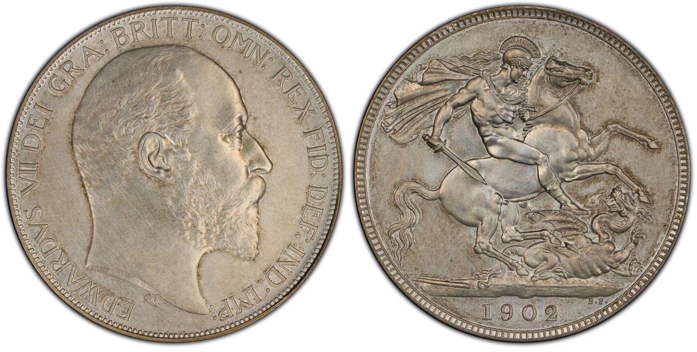 博洋堂世界钱币拍卖第094期（全场包邮） PCGS PR62-Matte  英国1902爱德华七世精制磨砂马剑克朗，经典欧洲包浆，状态极佳，几乎无划痕。大概率可以达到63分