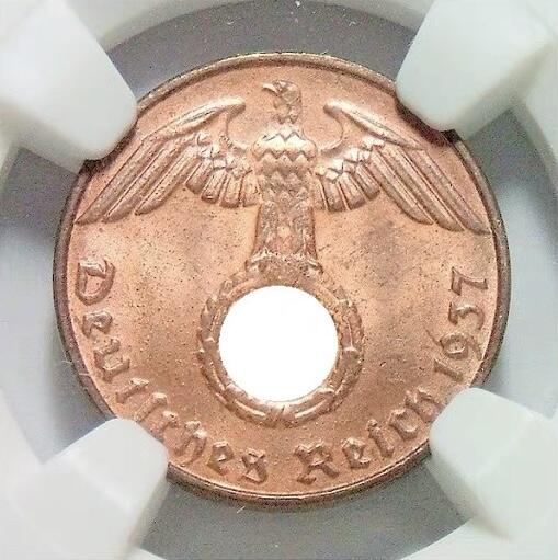 NGC MS65RB 德国第三帝国1937年D版1芬尼 难得开卷原光