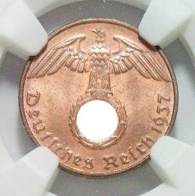 NGC MS65RB 德国第三帝国1937年D版1芬尼 难得开卷原光 - NGC MS65RB 德国第三帝国1937年D版1芬尼 难得开卷原光