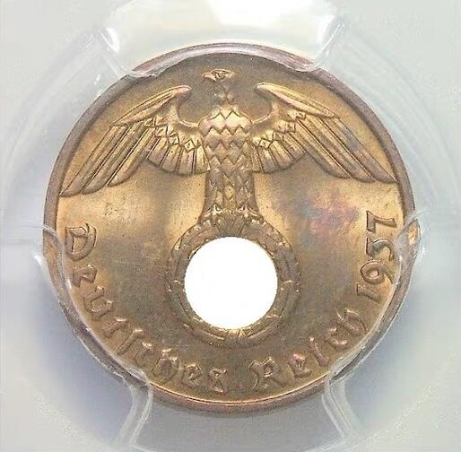 金盾PCGS MS64RB 德国第三帝国1937年F版1芬尼 难得开卷原光