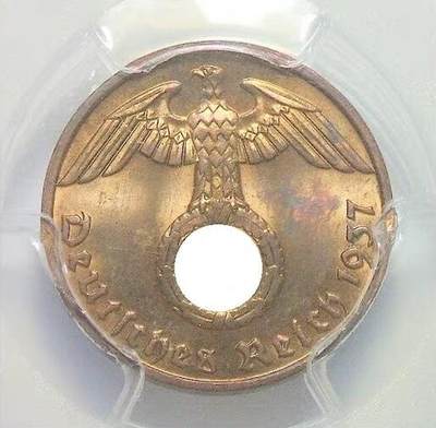 金盾PCGS MS64RB 德国第三帝国1937年F版1芬尼 难得开卷原光 - 金盾PCGS MS64RB 德国第三帝国1937年F版1芬尼 难得开卷原光