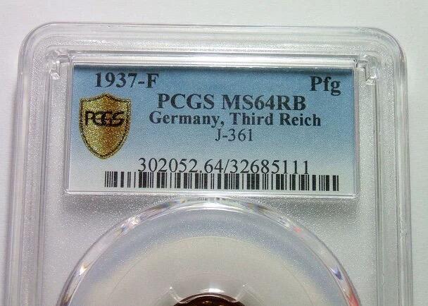 金盾PCGS MS64RB 德国第三帝国1937年F版1芬尼 难得开卷原光