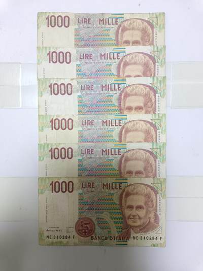 【20241005】非全新纸币第172场 - 意大利1000里拉6张纸币，有裂缝