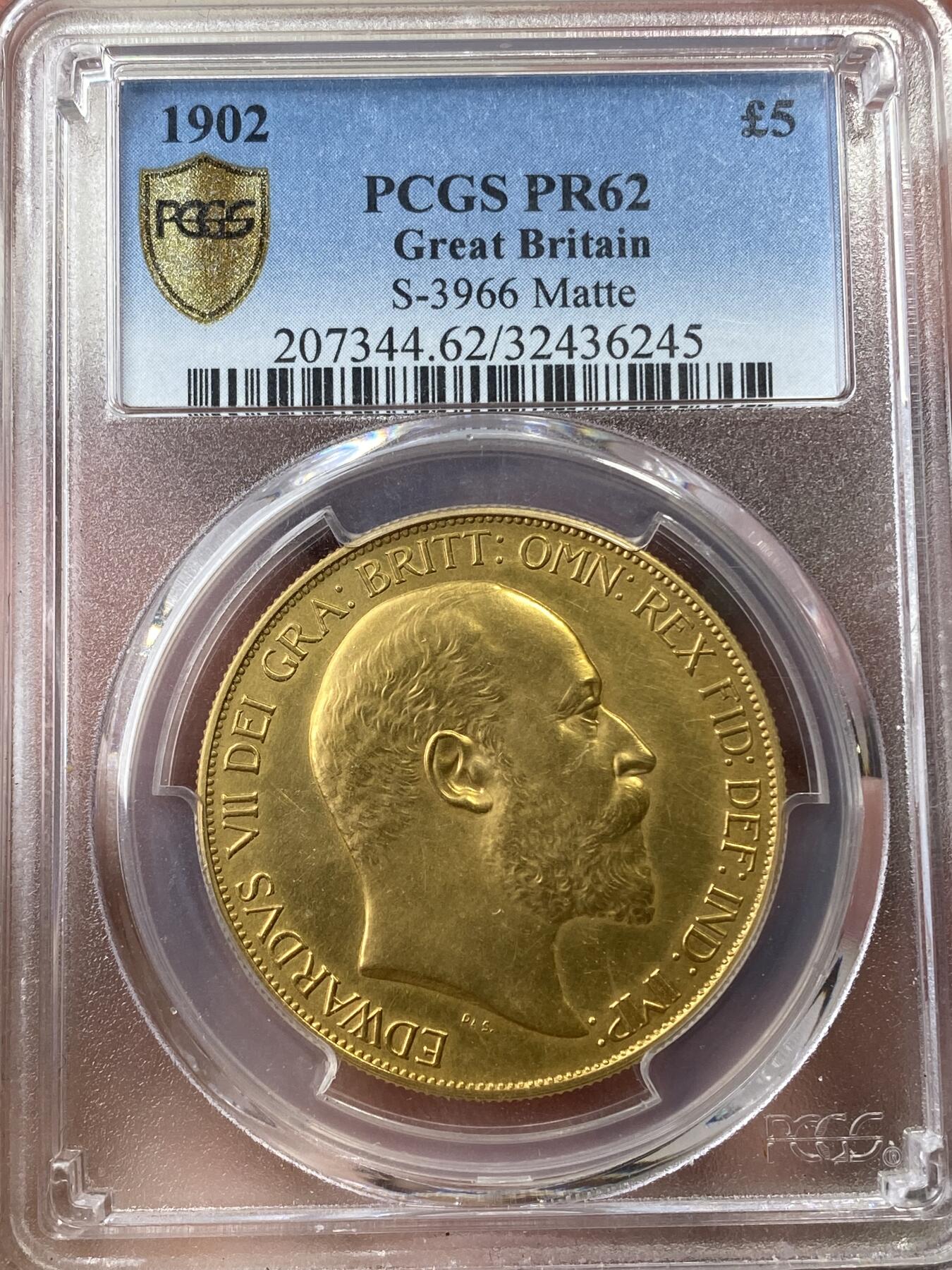 万国钱币拍卖第035期（金银流霞●万国秋季大拍） PCGS PR62 1902英国爱德华七世精制5镑 名誉品种，40g大金饼，精制哑光MATTE工艺。