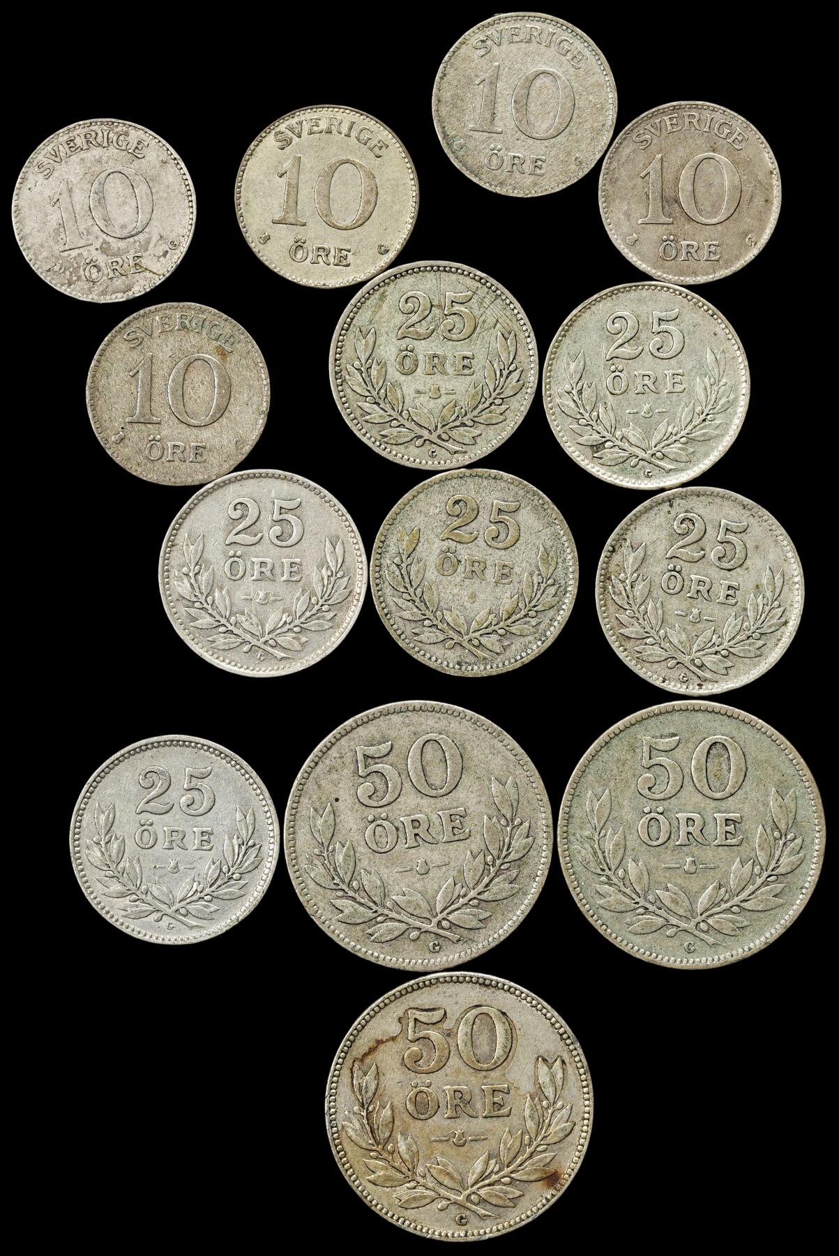 修遠堂世界钱币第四十二期 全场包邮 瑞典老银币一组 其中10欧尔含银40%，重7.12g，其余面值含银60%  ，重29.21g