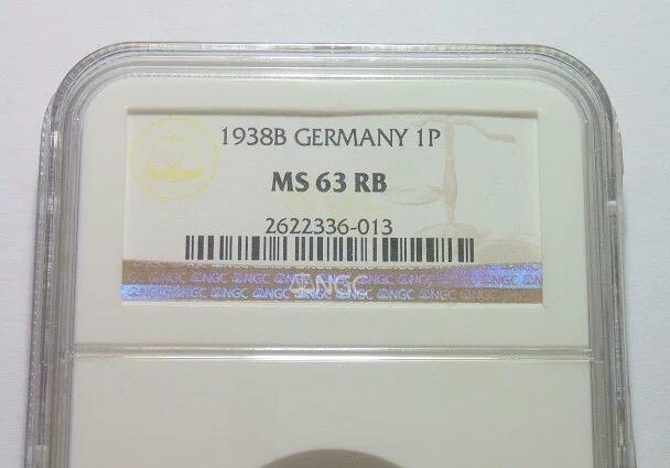 NGC MS63RB 德国第三帝国1938年B版1芬尼 难得开卷原光