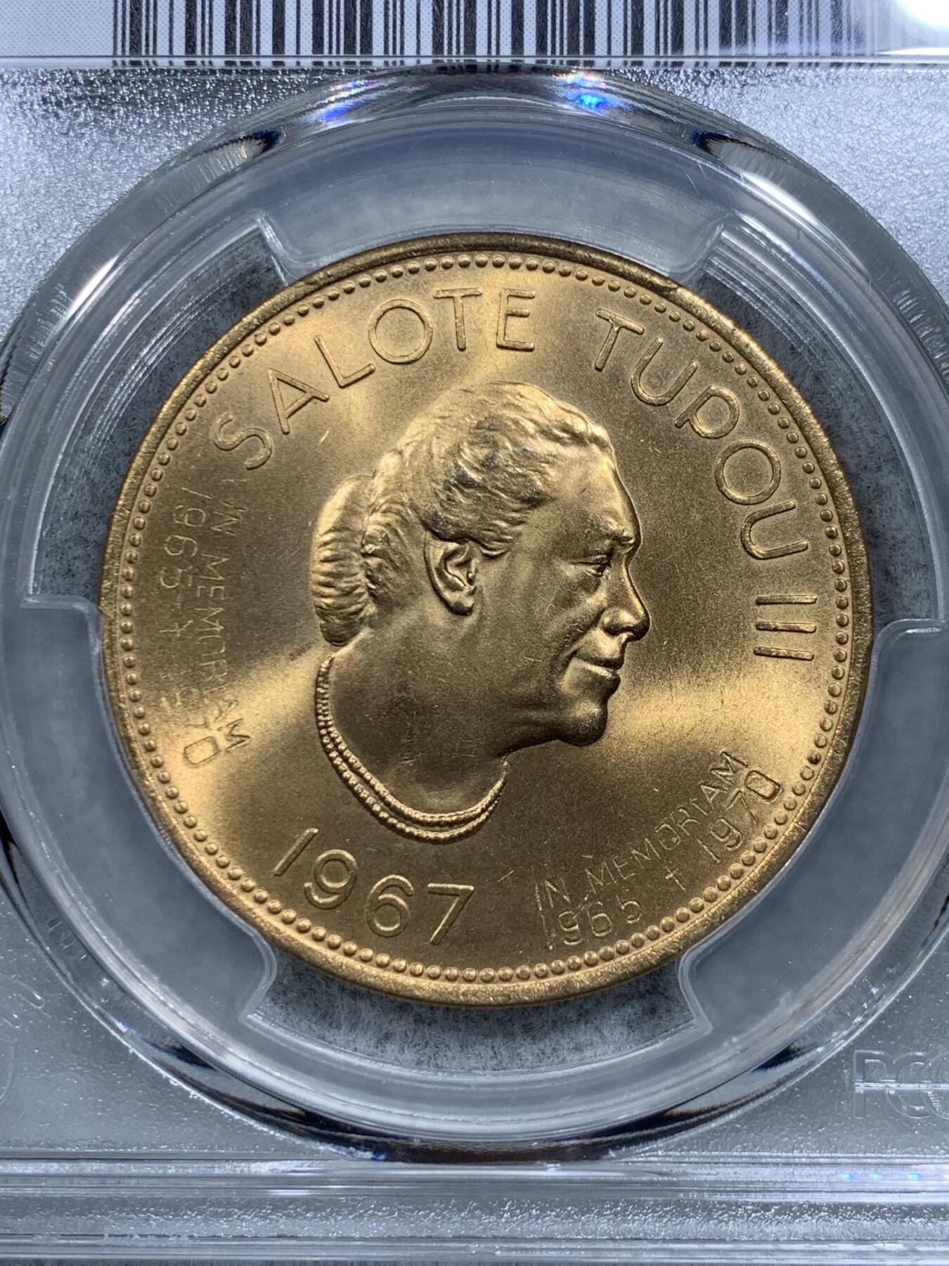 《竞宝斋》第314场 周日，周一，周二  3场连拍 （全场包邮） PCGS MS66 亚军分！1967加盖1970 汤加 经典的50分镀金纪念币 两面转光好品极为不易 金光闪闪 大币子很压手