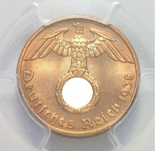 金盾PCGS MS65RD 德国第三帝国1938年1芬尼 难得开卷原光