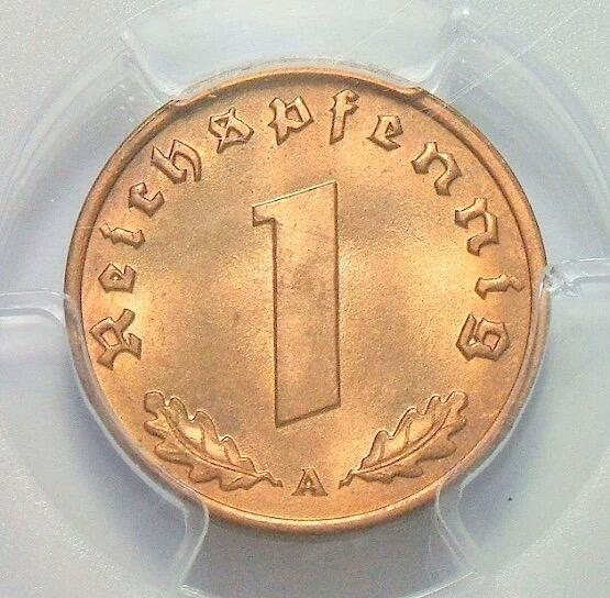 金盾PCGS MS65RD 德国第三帝国1938年1芬尼 难得开卷原光
