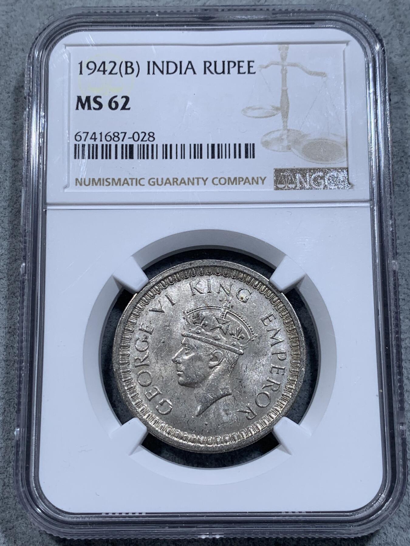 《竞宝斋》第314场 周日，周一，周二  3场连拍 （全场包邮） NGC MS62 英属印度 1942年 乔治六世 1卢比 银币
