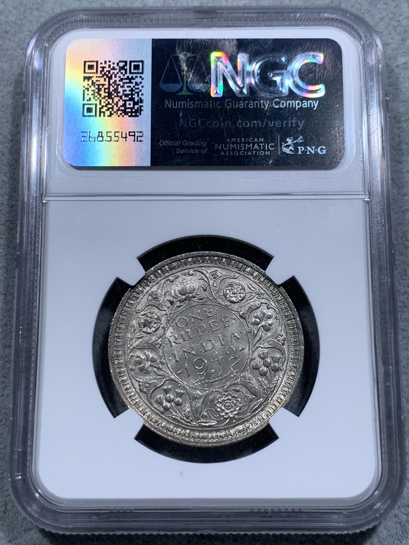 《竞宝斋》第314场 周日，周一，周二  3场连拍 （全场包邮） NGC MS62 英属印度 1942年 乔治六世 1卢比 银币