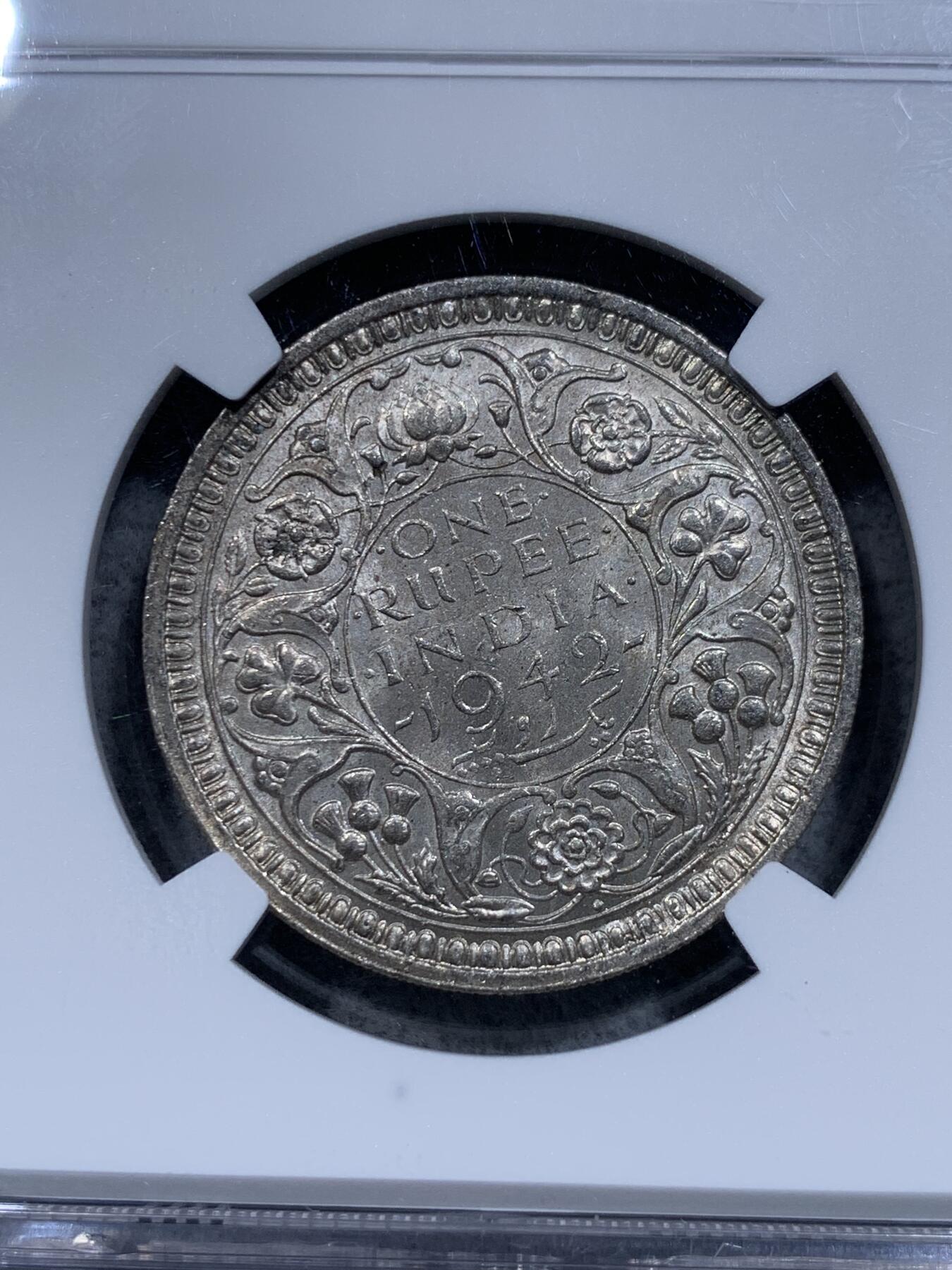 《竞宝斋》第314场 周日，周一，周二  3场连拍 （全场包邮） NGC MS62 英属印度 1942年 乔治六世 1卢比 银币